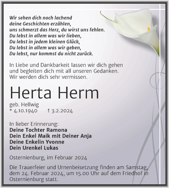 Traueranzeige von Herta Herm von Trauerkombi Köthen
