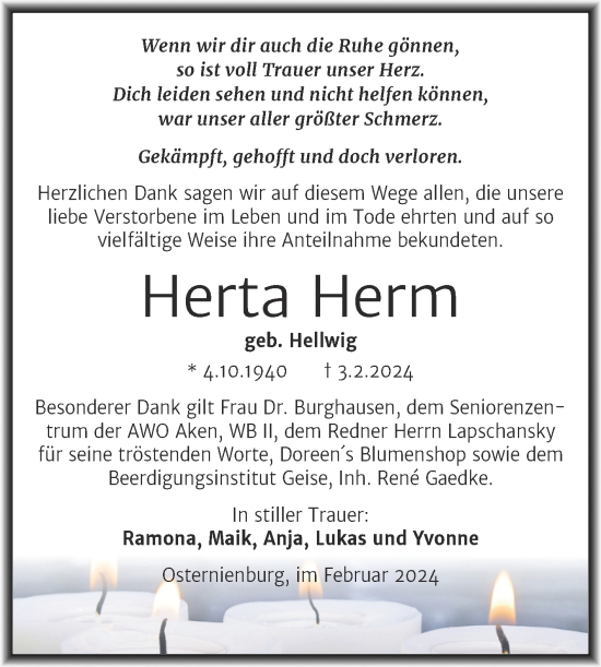 Traueranzeige von Herta Herm von Trauerkombi Köthen