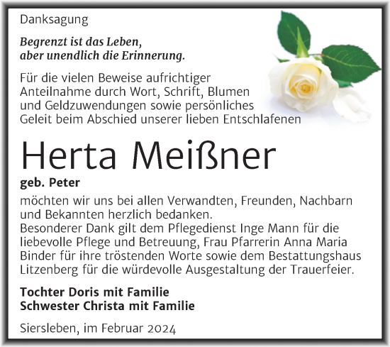 Traueranzeige von Herta Meißner von Trauerkombi Mansfelder Land