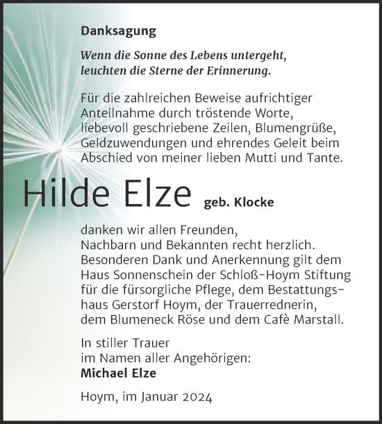 Traueranzeige von Hilde Elze von Trauerkombi Aschersleben