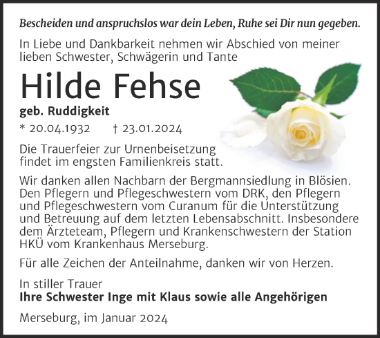 Traueranzeige von Hilde Fehse von Trauerkombi Merseburg