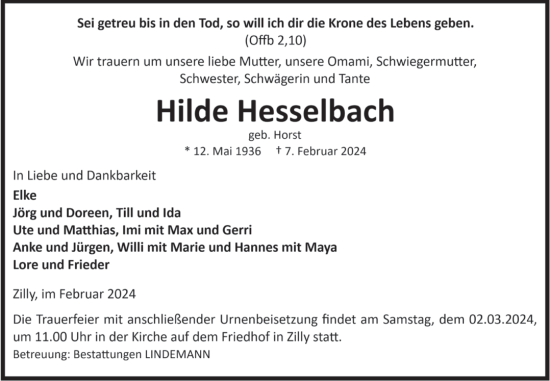 Traueranzeige von Hilde Hesselbach von Volksstimme Halberstadt