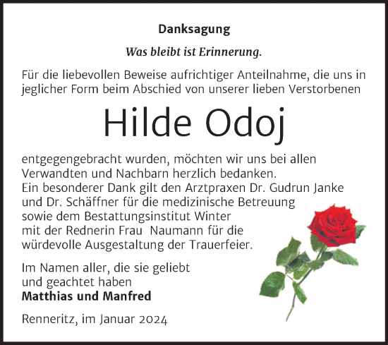 Traueranzeige von Hilde Odoj von Trauerkombi Bitterfeld