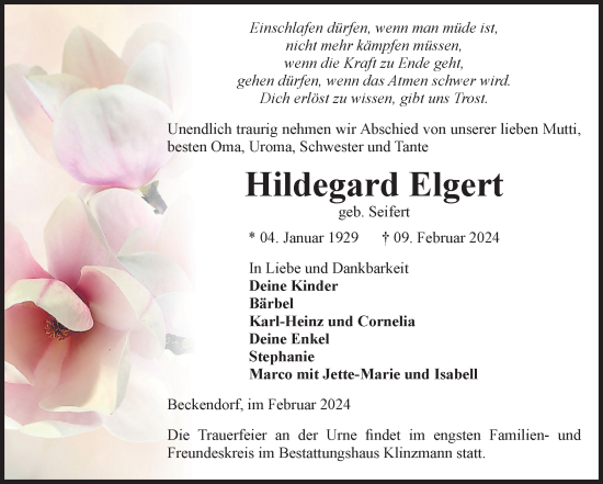 Traueranzeige von Hildegard Elgert von Volksstimme Oschersleben/Wanzleben