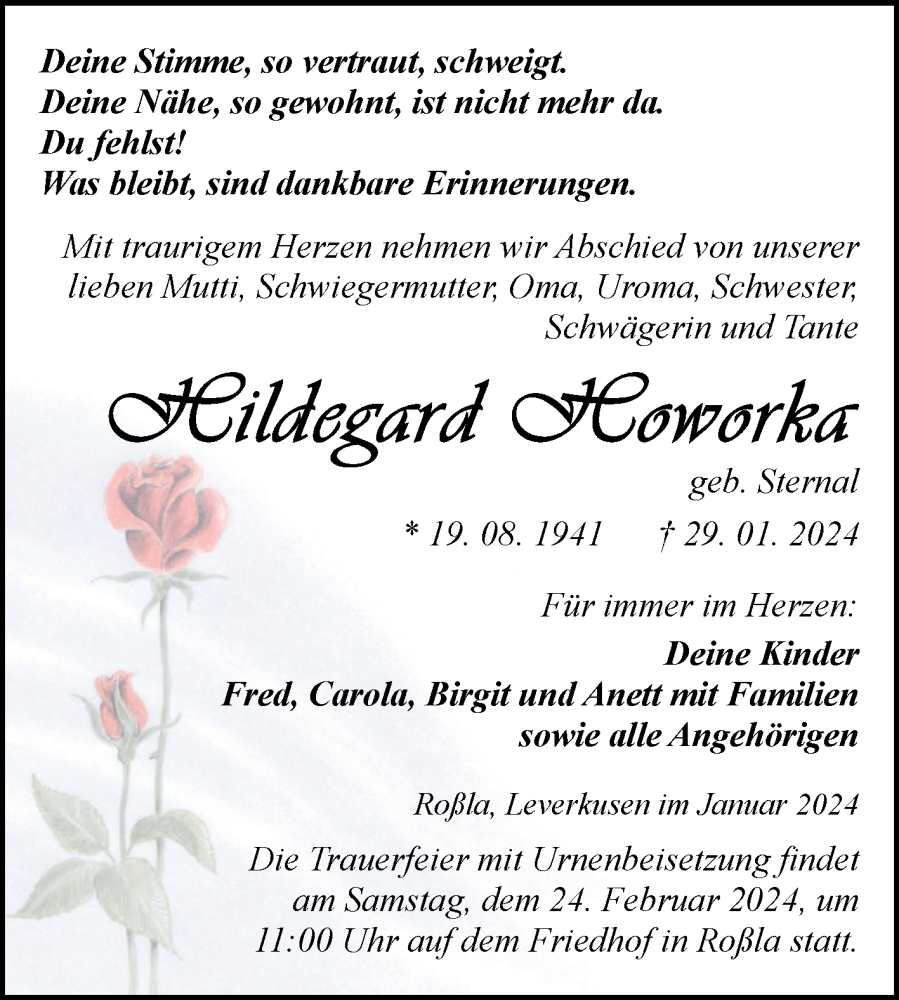  Traueranzeige für Hildegard Howorka vom 10.02.2024 aus Trauerkombi Sangerhausen