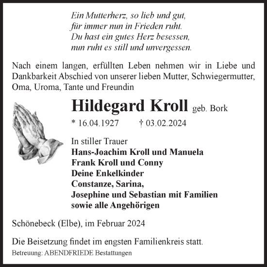 Traueranzeige von Hildegard Kroll von Volksstimme Schönebeck