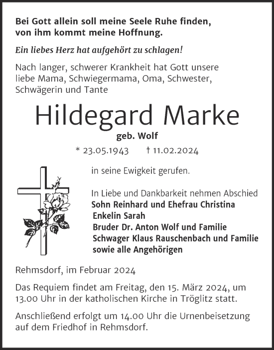 Traueranzeige von Hildegard Marke von Trauerkombi Zeitz