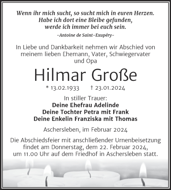Traueranzeige von Hilmar Große von Trauerkombi Aschersleben