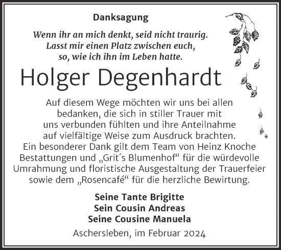 Traueranzeige von Holger Degenhardt von Trauerkombi Aschersleben
