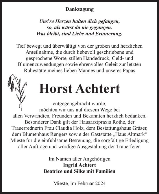 Traueranzeige von Horst Achtert von Volksstimme Altmark West