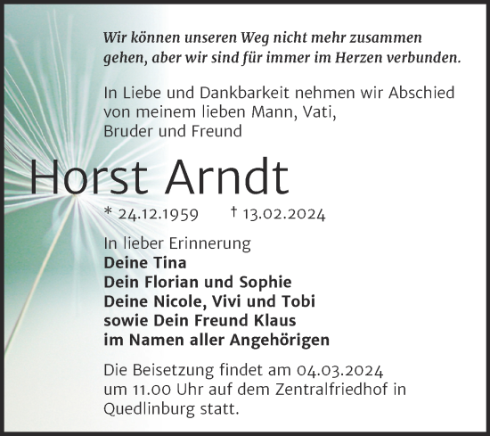 Traueranzeige von Horst Arndt von Trauerkombi Quedlinburg