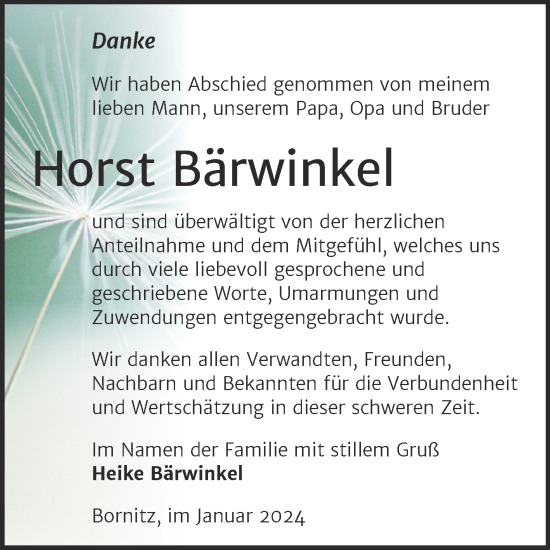 Traueranzeige von Horst Bärwinkel von Trauerkombi Zeitz