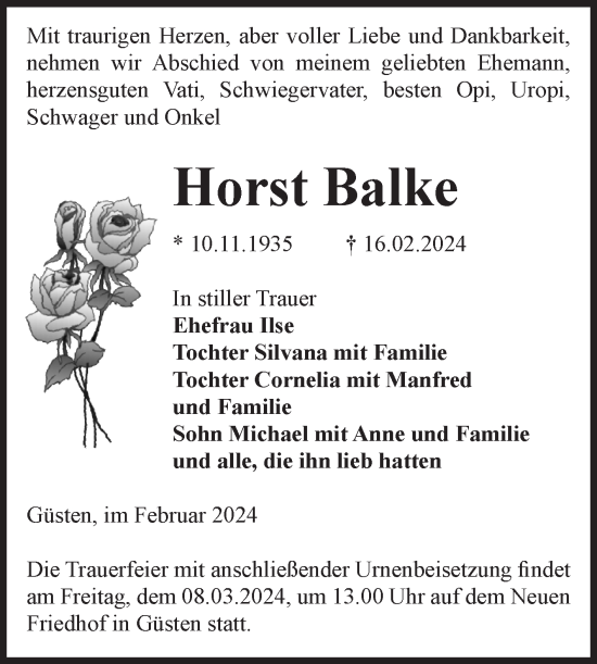 Traueranzeige von Horst Balke 
