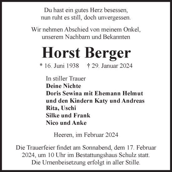 Traueranzeige von Horst Berger von Volksstimme Altmark Ost