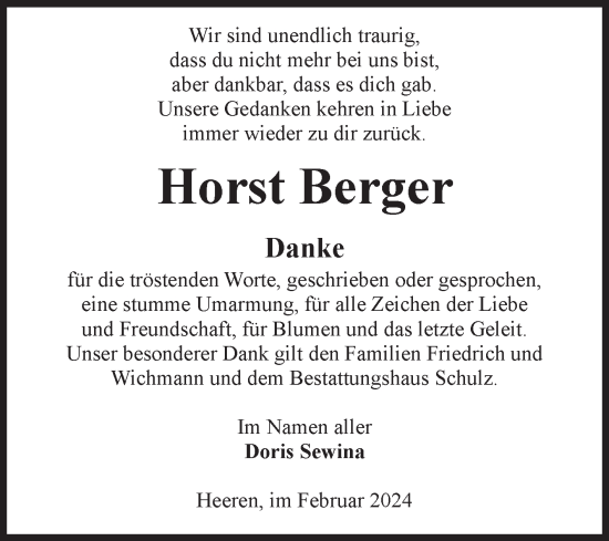 Traueranzeige von Horst Berger von Volksstimme Altmark Ost