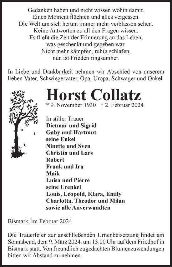 Traueranzeige von Horst Collatz von Volksstimme Altmark Ost