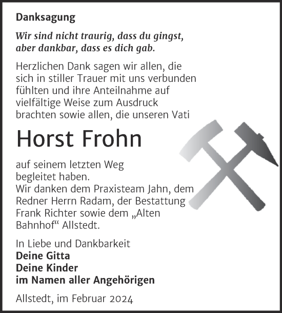 Traueranzeige von Horst Frohn von Trauerkombi Sangerhausen