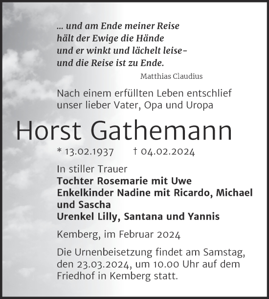 Traueranzeige von Horst Gathemann von Trauerkombi Wittenberg