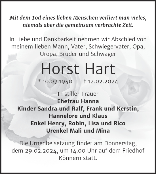 Traueranzeige von Horst Hart von Trauerkombi Bernburg