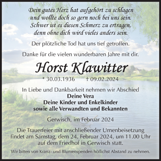 Traueranzeige von Horst Klawitter von Volksstimme Burg/Genthin