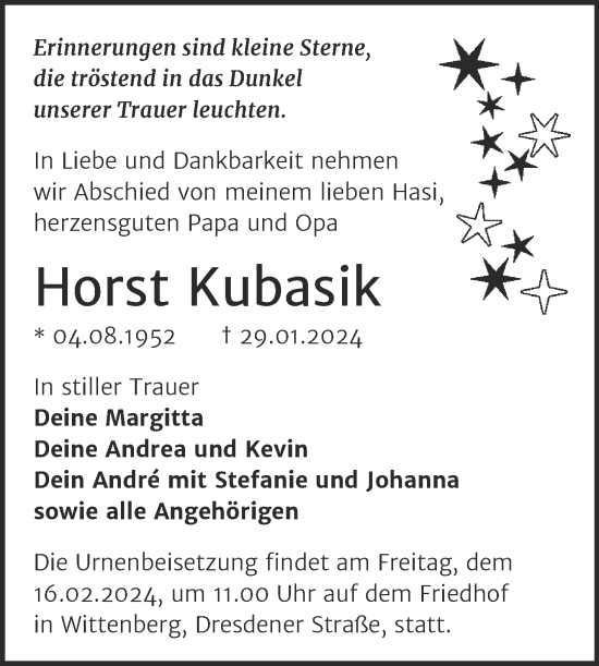 Traueranzeige von Horst Kubasik von Trauerkombi Wittenberg