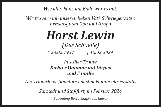 Traueranzeige von Horst Lewin von Volksstimme Staßfurt