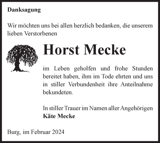 Traueranzeige von Horst Mecke von Volksstimme Burg/Genthin