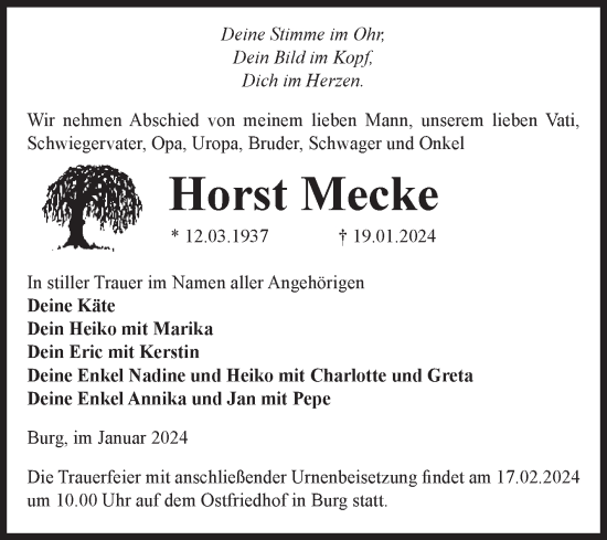 Traueranzeige von Horst Mecke von Volksstimme Burg/Genthin