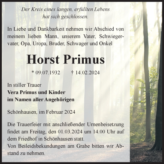 Traueranzeige von Horst Primus von Volksstimme Altmark Ost
