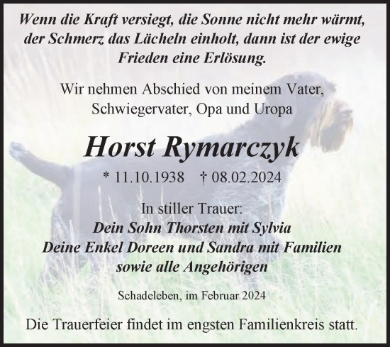 Traueranzeige von Horst Rymarczyk von Trauerkombi Aschersleben