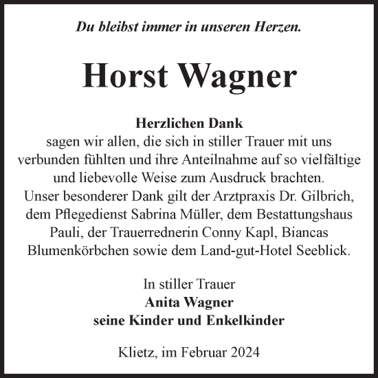 Traueranzeige von Horst Wagner von Volksstimme Altmark Ost
