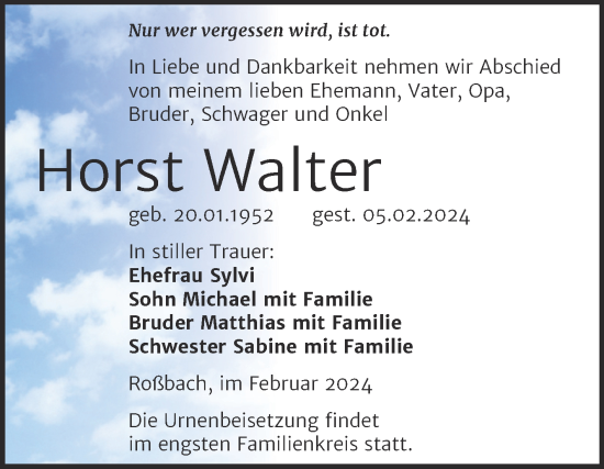 Traueranzeige von Horst Walter von Trauerkombi Merseburg