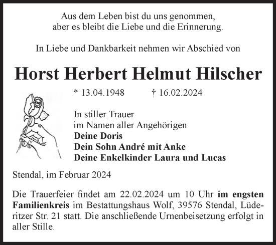 Traueranzeige von Horst Herbert Helmut Hilscher von Volksstimme Altmark Ost
