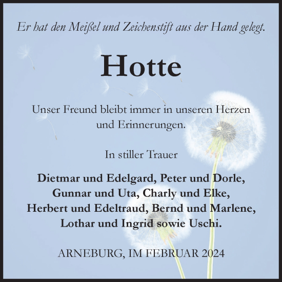 Traueranzeige von Hotte  von Volksstimme Altmark Ost