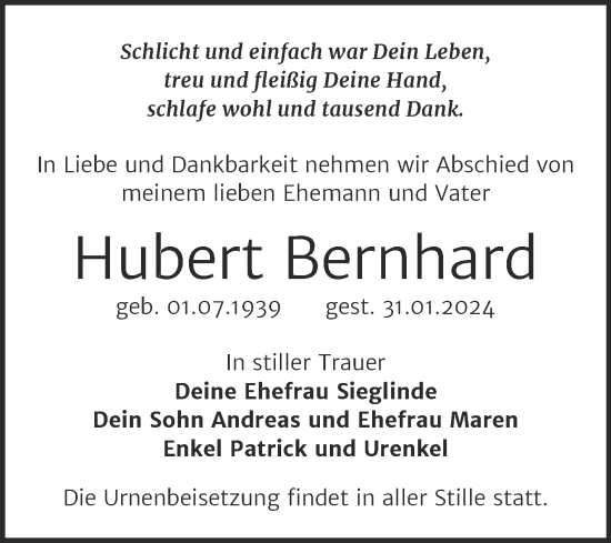 Traueranzeige von Hubert Bernhard von Trauerkombi Wittenberg