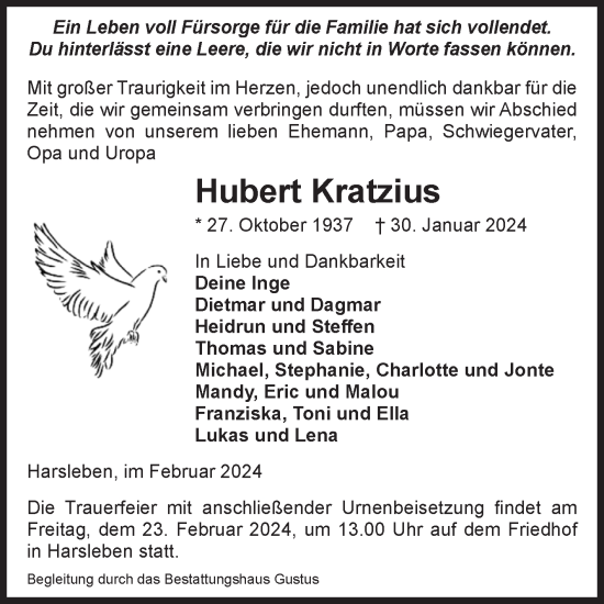 Traueranzeige von Hubert Kratzius von Volksstimme Halberstadt