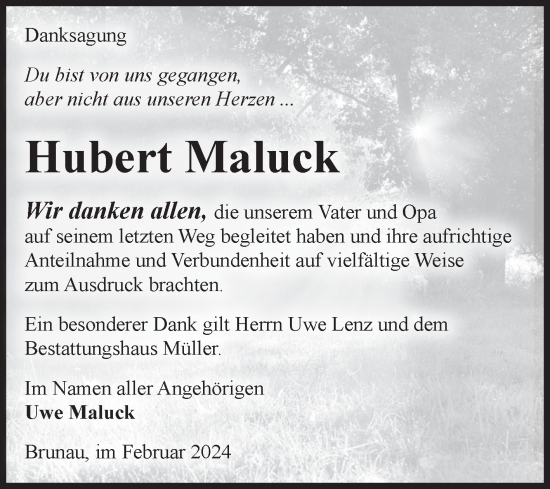 Traueranzeige von Hubert Maluck von Volksstimme Altmark West