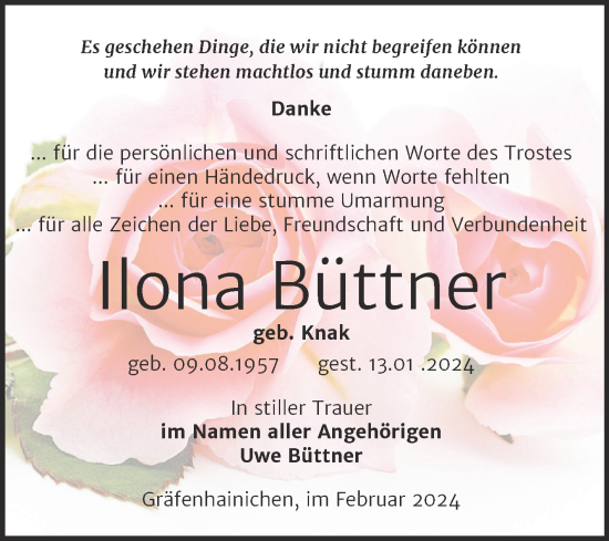 Traueranzeige von Ilona Büttner von Trauerkombi Wittenberg