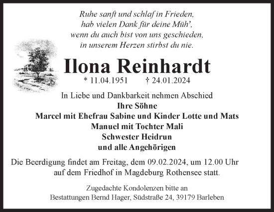 Traueranzeige von Ilona Reinhardt von Volksstimme Magdeburg