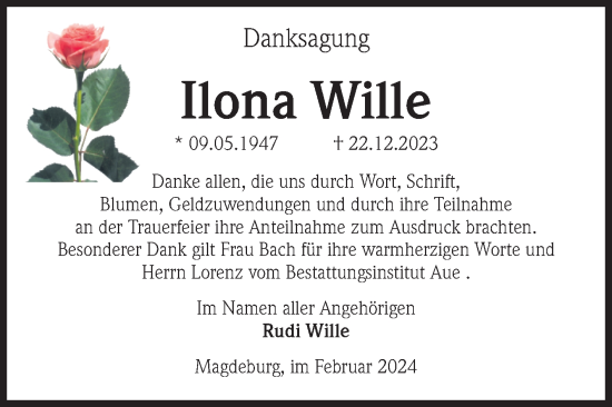 Traueranzeige von Ilona Wille von Volksstimme Magdeburg
