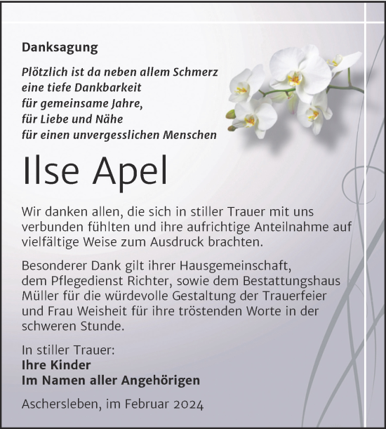 Traueranzeige von Ilse Apel von Trauerkombi Aschersleben