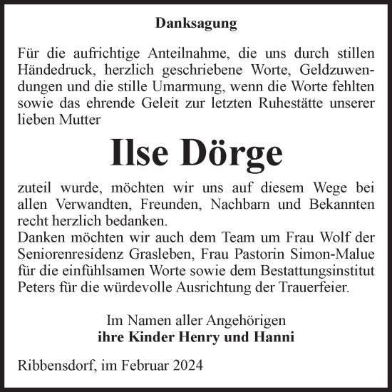 Traueranzeige von Ilse Dörge von Volksstimme Haldensleben/Wolmirstedt