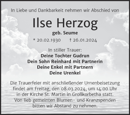 Traueranzeige von Ilse Herzog von Trauerkombi Weißenfels