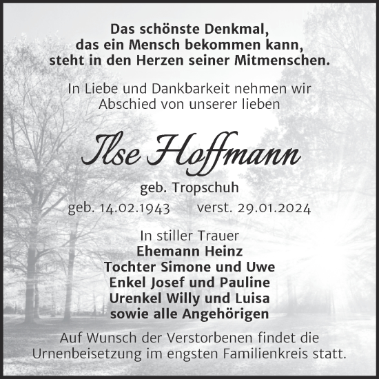 Traueranzeige von Ilse Hoffmann von Trauerkombi Zeitz