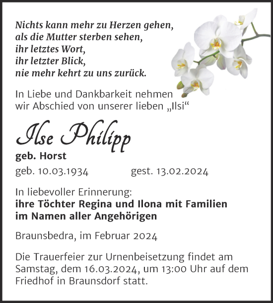 Traueranzeige von Ilse Philipp von Trauerkombi Merseburg