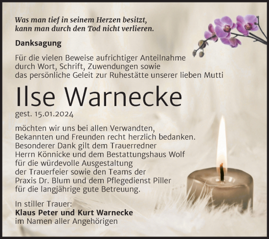 Traueranzeige von Ilse Warnecke von Trauerkombi Weißenfels