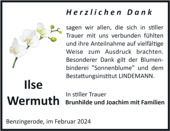 Traueranzeige von Ilse Wermuth von Volksstimme Wernigerode