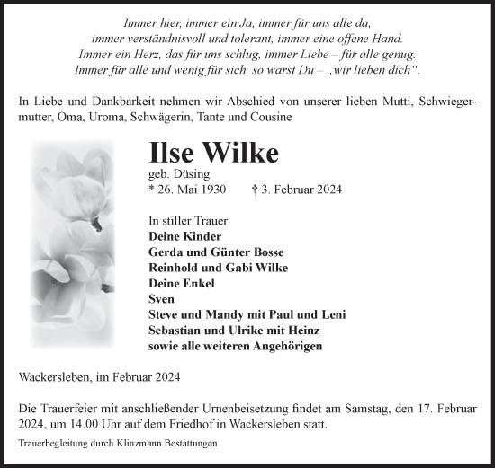 Traueranzeige von Ilse Wilke von Volksstimme Oschersleben/Wanzleben