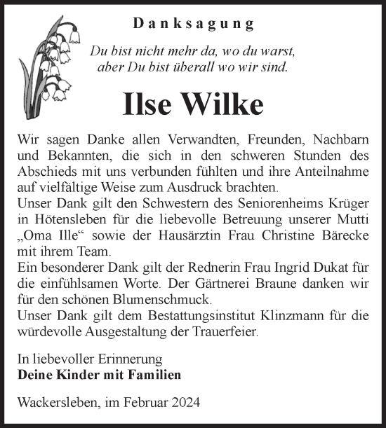 Traueranzeige von Ilse Wilke von Volksstimme Oschersleben/Wanzleben