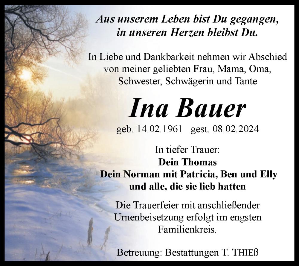 Traueranzeige für Ina Bauer vom 17.02.2024 aus Volksstimme Wernigerode
